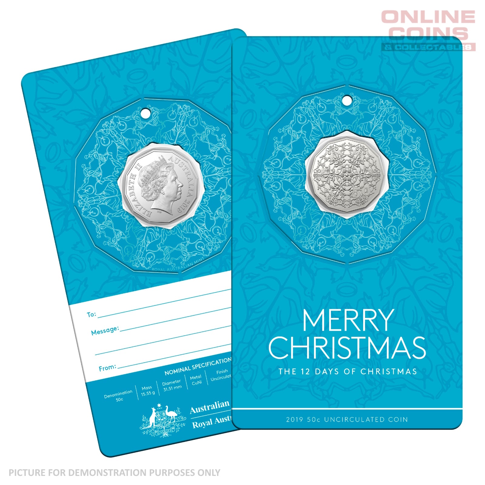 2019 50c CuNi Uncirculated Carded Coin - Christmas Blue
